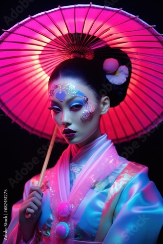 Elegant geisha holding a traditional umbrella under vibrant neon lights with cultural attire