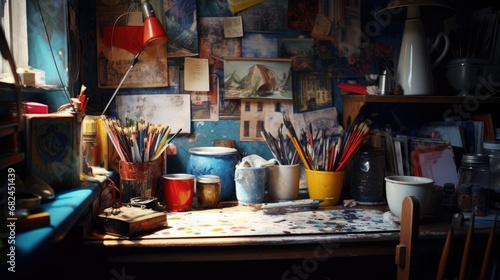 Artist's table with brushes and paints © cherezoff