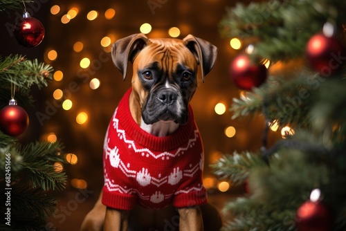 boxer dog dressed in a Christmas sweater, posing with twinkling tree lights in the background