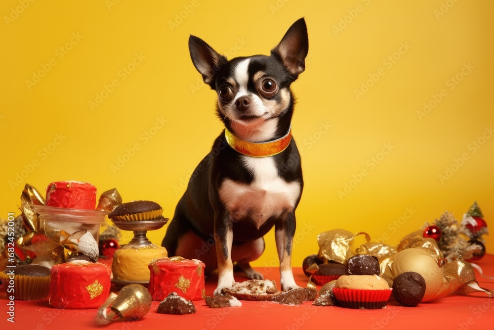 Chihuahua with large, expressive eyes surrounded by Christmas desserts and decorations on a yellow background