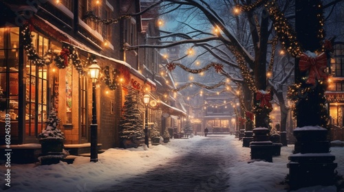 A charming snow-covered village square adorned with festive holiday lights.