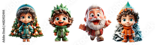 set of Christmas personage png 3d Isolated on transparent background. Christmas tree clipart. Cartoon Santa Claus, Elf, Girl,Boy for greeting card, banner,invitation,flyer,stickers. New Year photo