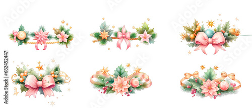 set of Christmas elements,gift bows, garland png 3d Isolated on transparent background. Christmas element for greeting card, banner,invitation,flyer,stickers. New Year 