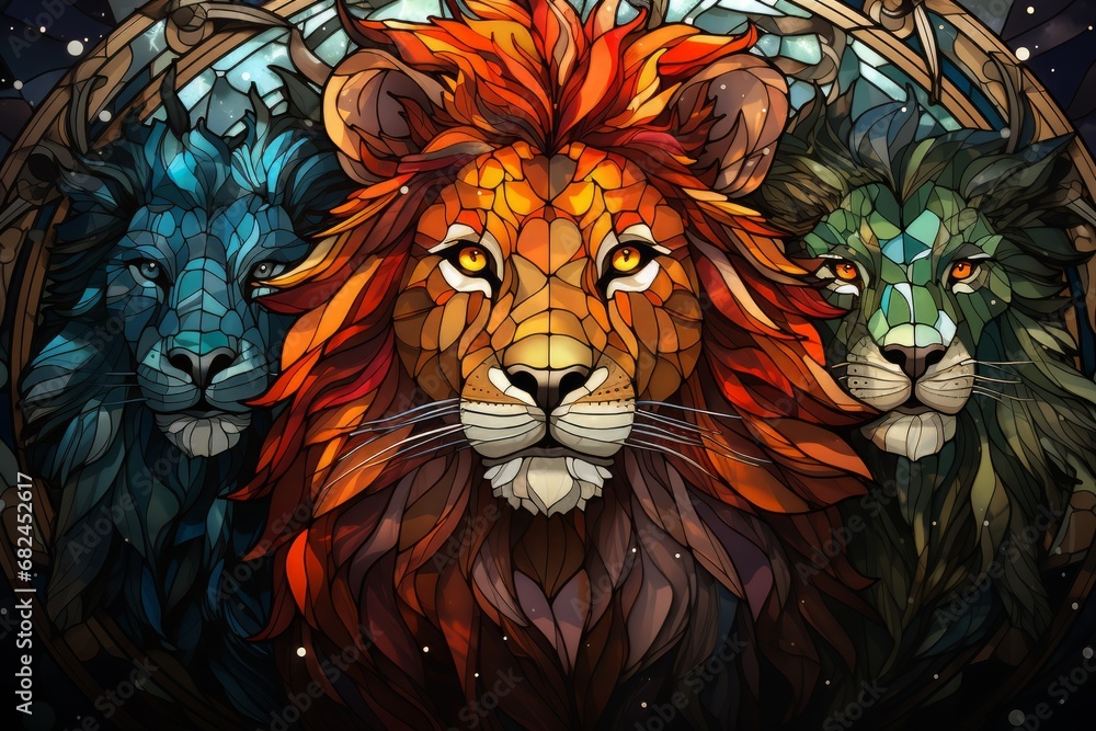 Stained glass window background with colorful Lion abstract.	