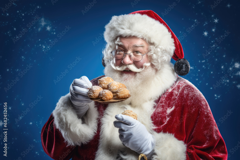 charming Christmas card or poster showcasing Santa Claus in his iconic red suit, offering a plate of dusted pastries against a starlit night sky charming Christmas card or poster showcasing Santa Claus in his iconic red suit, offering a plate of dusted pastries against a starlit night sky