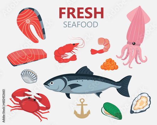 Seafood. Fresh sea fish tuna, red bass, mackerel, salmon steak. Banner with seafood of shrimp, scallops, oysters, squid, crab, lobster, octopus and caviar. Sea fishes vector illustration
