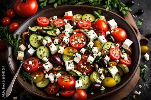 A vibrant Mediterranean salad featuring tomatoes, cucumbers, olives, and feta cheese, drizzled with olive oil and sprinkled with fresh herbs.
