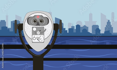 Observation binoculars on the boardwalk in Liberty State Park against the backdrop of a city in the USA photo