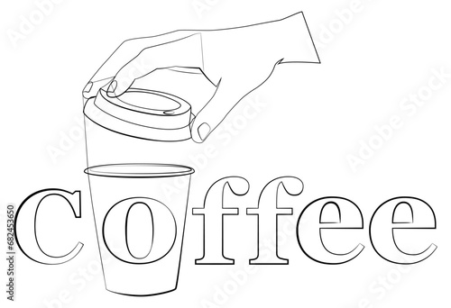 Coffee line. Template for printing, postcards, menus, posters. Sketch, linear drawing.