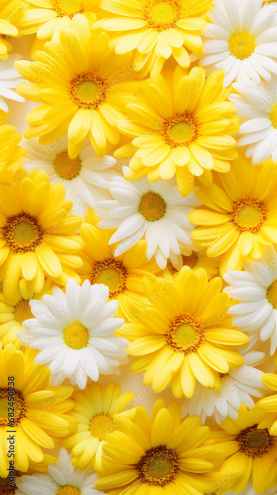 A pattern of bright yellow daisies on a white canvas A pattern of bright yellow daisies on a white canvas