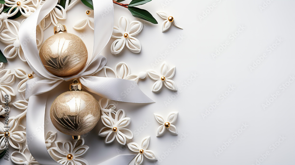 New Year's background with Christmas decorations and fir branches on a white background. View from above. Generative AI technology. New Year's background with Christmas decorations and fir branches on a white background. View from above. Generative AI technology.