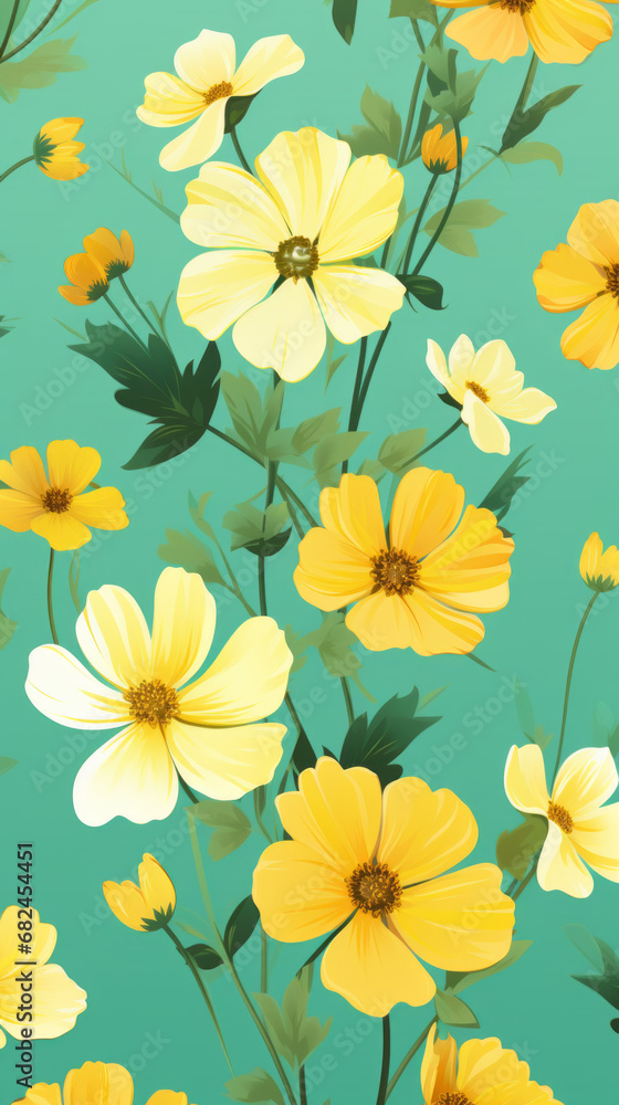 A pattern of bright yellow flowers on a light green background