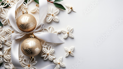 New Year's background with Christmas decorations and fir branches on a white background. View from above. Generative AI technology. © Grycaj