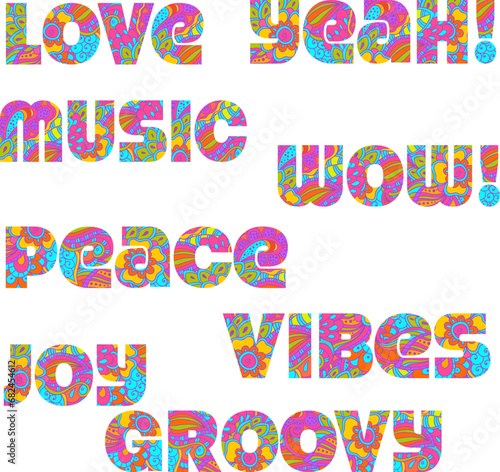 Set of trendy word expressions in 60's hippie style © Kristina Yu