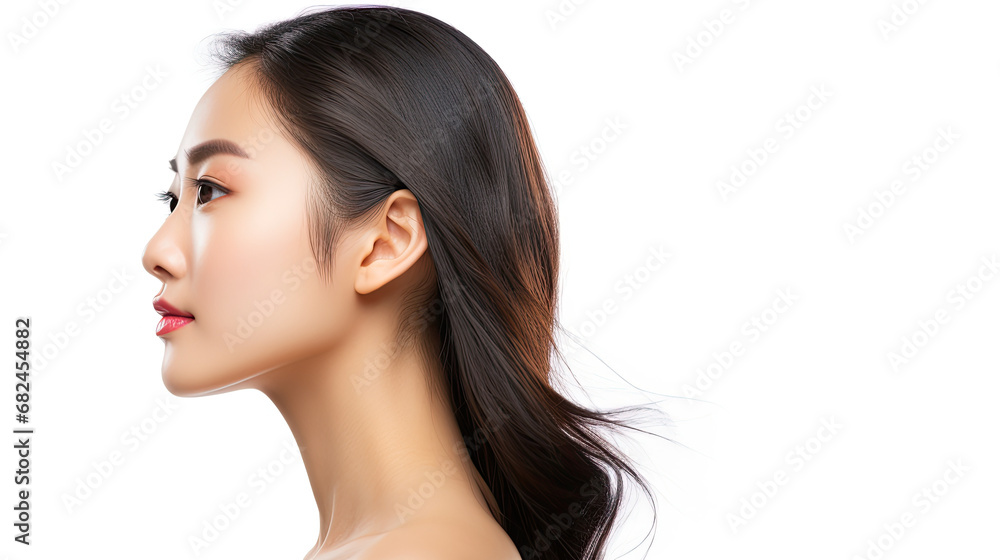 side of beautiful asian woman on white background
