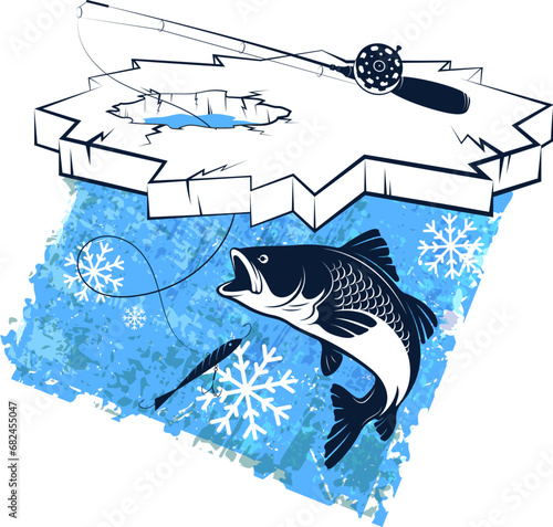 Ice floe with an ice hole, winter fishing rod and fish. Ice fishing design
