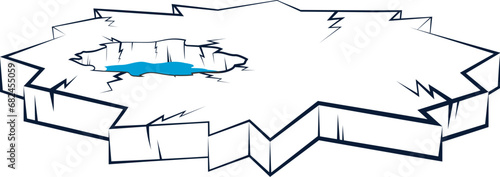 White ice floe with cracks and an ice hole. Ice fishing design