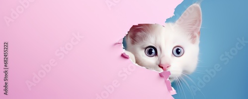 funny white cat looks through ripped hole in pink paper photo