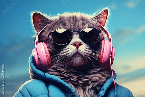 illustration of a fantastic cat head wearing mirrored sunglasses and headphones in a jacket listening to music