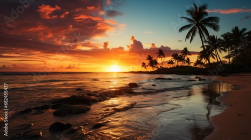 gorgeous tropical sunset in beach with palm tree photo