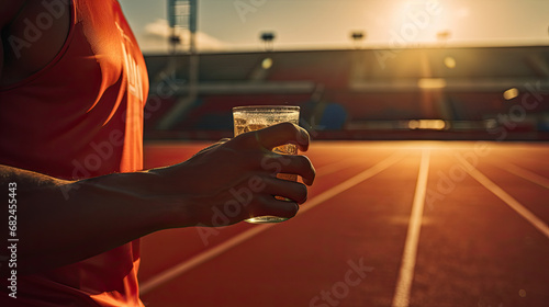 Man holding glass on the athletics track 