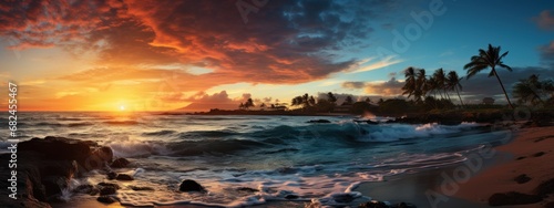 gorgeous tropical sunset in beach with palm tree