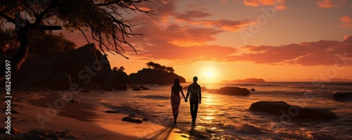 romantic couple on sunset beach