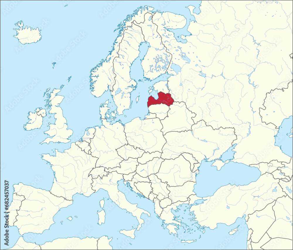 Fototapeta premium Red CMYK national map of LATVIA inside detailed beige blank political map of European continent with rivers and lakes on blue background using Mercator projection