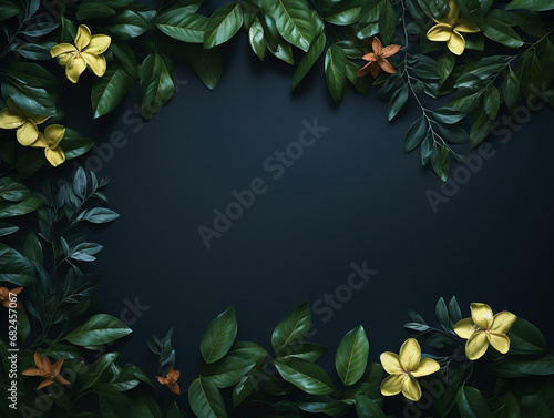 Rich Botanical Flowers on a Textured Dark Background Flat Lay - Lush Leaves and Studio Lighting Effect with Beautiful Floral Petals - Tropical Aesthetic Background with Empty Copy Space at Center