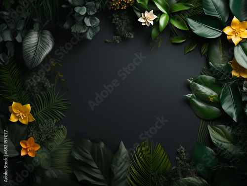 Rich Botanical Flowers on a Textured Dark Background Flat Lay - Lush Leaves and Studio Lighting Effect with Beautiful Floral Petals - Tropical Aesthetic Background with Empty Copy Space at Center