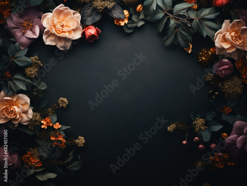 Rich Botanical Flowers on a Textured Dark Background Flat Lay - Lush Leaves and Studio Lighting Effect with Beautiful Floral Petals - Tropical Aesthetic Background with Empty Copy Space at Center