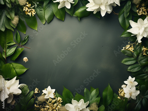 Rich Botanical Flowers on a Textured Dark Background Flat Lay - Lush Leaves and Studio Lighting Effect with Beautiful Floral Petals - Tropical Aesthetic Background with Empty Copy Space at Center