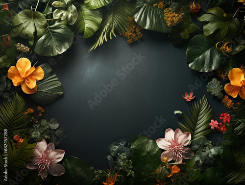 Rich Botanical Flowers on a Textured Dark Background Flat Lay - Lush Leaves and Studio Lighting Effect with Beautiful Floral Petals - Tropical Aesthetic Background with Empty Copy Space at Center