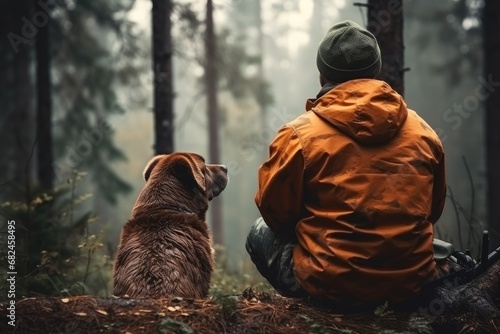 man and dog in the forest