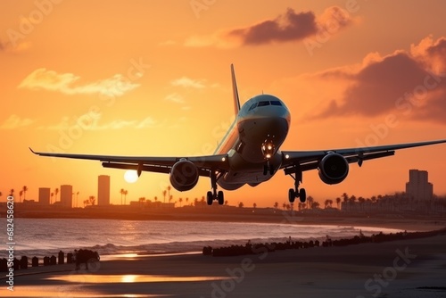 the plane lands at sunset