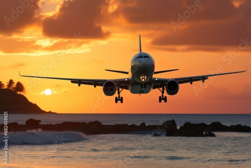 the plane lands at sunset