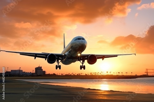 the plane lands at sunset