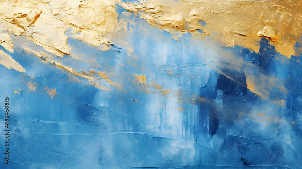 Naklejka premium Abstract artwork with bold blue and gold acrylic strokes, creating a dynamic and luxurious texture suitable for backgrounds, wallpapers, or artistic expressions in design projects.