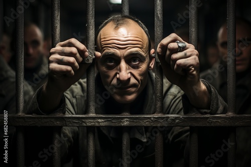 A man behind bars in prison. The prisoner looks into the camera photo