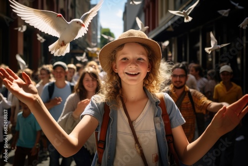 a little girl plays with birds on the street