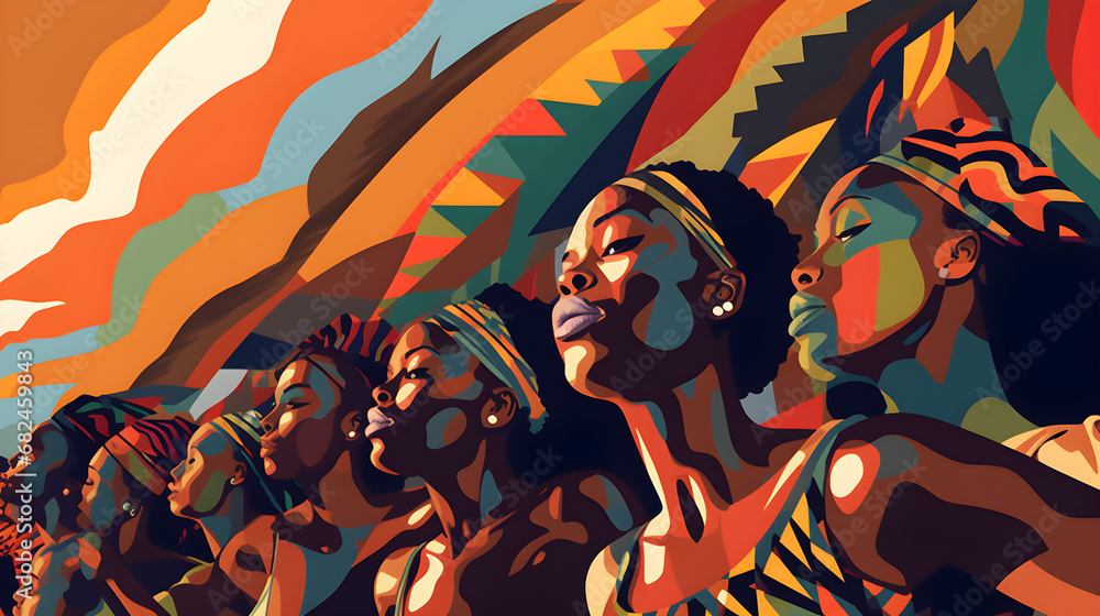 Ilustración lineal y colores vibrantes de rostros de mujeres africanas en colores brillantes