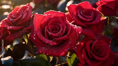 A close-up of vibrant red roses in a sunlit garden  petals glistening with dew drops.