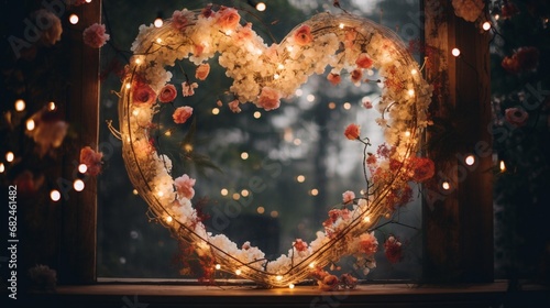 A close-up of a heart-shaped mirror surrounded by fairy lights and floral accents.