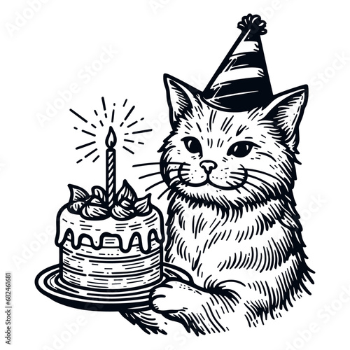 cat holding a birthday cake sketch