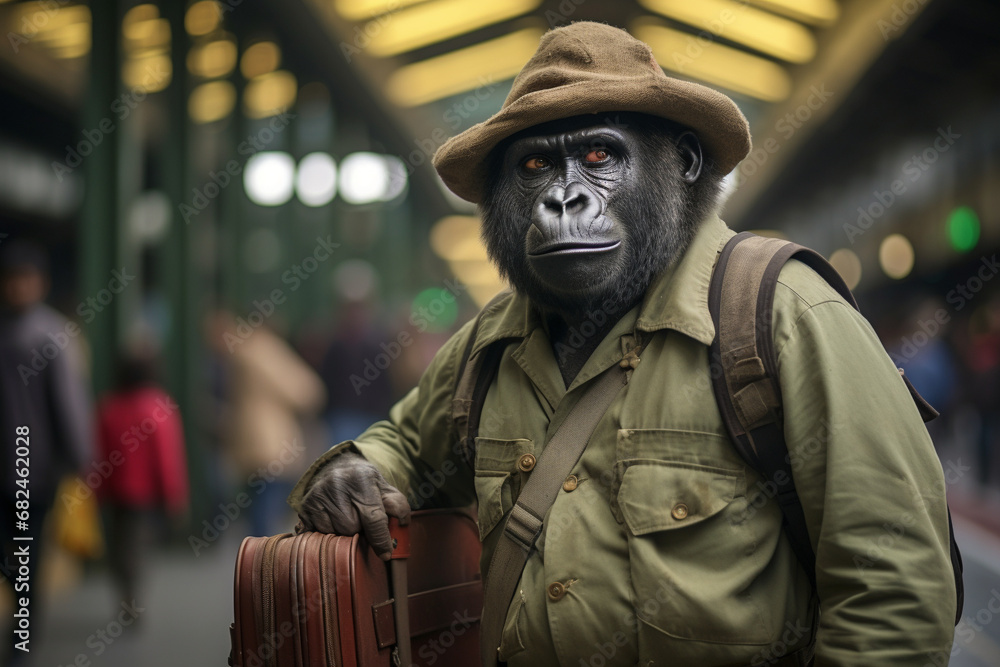 Portrait of humanized gorilla working as a porter on the railway station. Portrait of humanized gorilla working as a porter on the railway station.