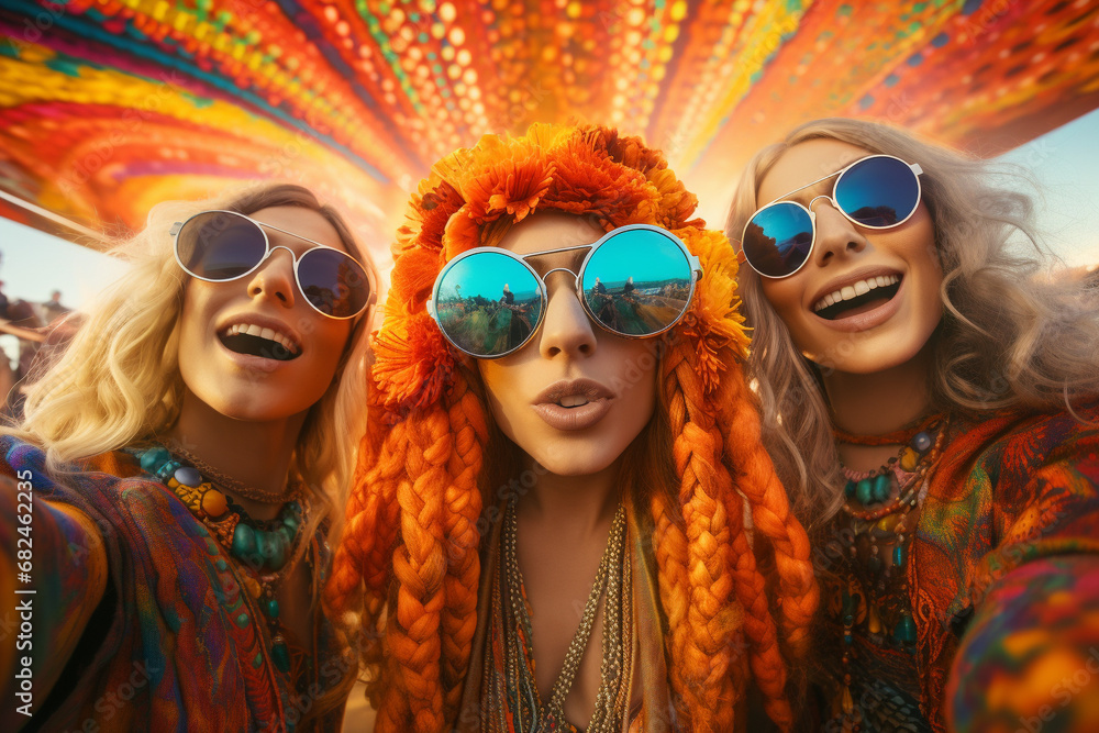 A group of glamorous young beautiful women at a party taking a selfie. A group of glamorous young beautiful women at a party taking a selfie.