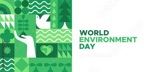World Environment Day web template illustration with modern eco geometric nature mosaic. Green abstract geometry shape symbol background for online earth holiday or internet landing page.