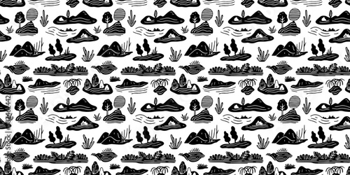 Hand drawn landscape doodle seamless pattern. Nature mountain cartoon background. Outdoor environment wallpaper print, natural scenery texture illustration.