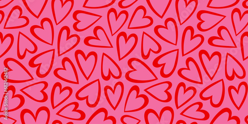 Red love heart seamless pattern illustration. Cute romantic pink hearts background print. Valentine's day holiday backdrop texture, romantic wedding design.	 photo