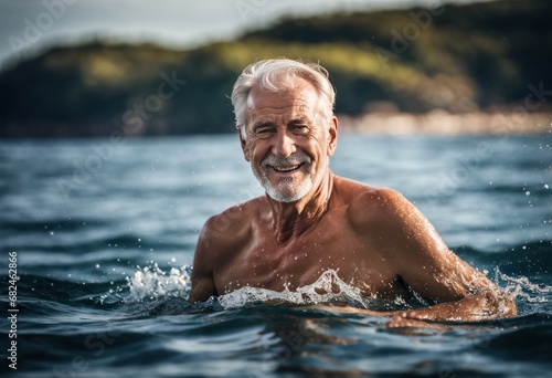 Senior man with grey beard and mustaches swimming in the sea, enjoying active retirement, having care, taking care for himself, staying fit